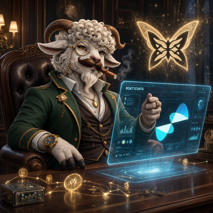 An anthropomorphic sheep dressed in formal attire interacts with a glowing holographic dashboard displaying data and charts, alongside a large, luminous butterfly emblem. The digital interface's visual complexity and advanced technology reflect the user's experience testing the "quantum resistant" features and "logistics style optimization" on the new network.