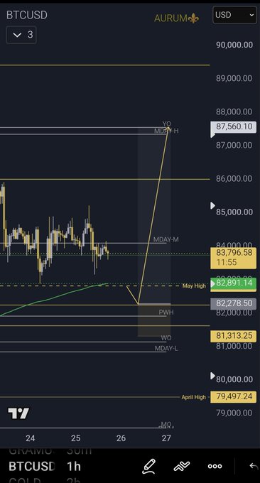 A BTCUSD cryptocurrency chart from TradingView showing Bitcoin's price around $82,691 with various technical indicators and price levels marked.