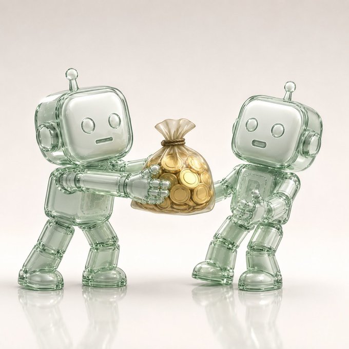 Two translucent green glass robot figurines stand against a white background, jointly holding a tan sack filled with gold coins between them.