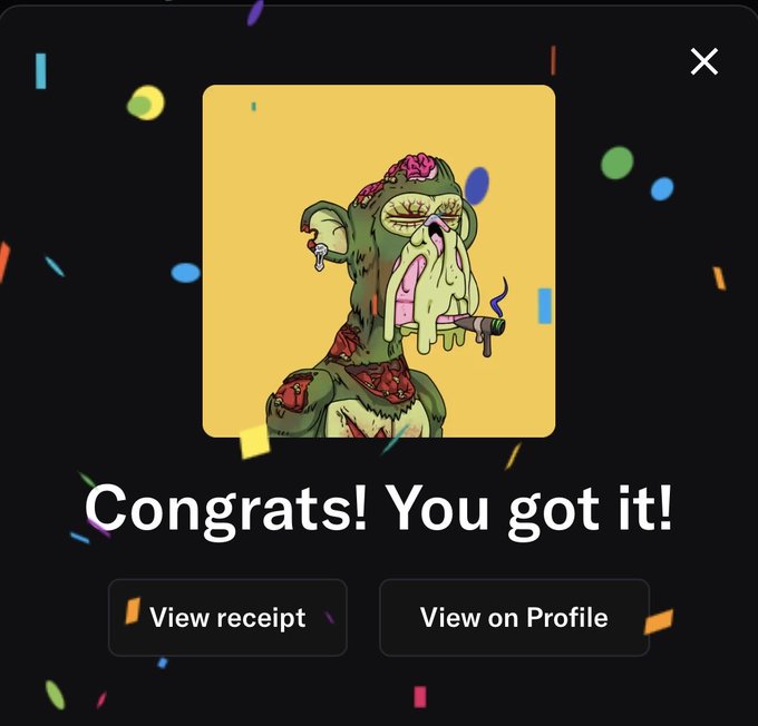 A digital achievement screen showing a grotesque zombie cartoon character with 'Congrats! You got it!' text and buttons to 'View receipt' or 'View on Profile'.