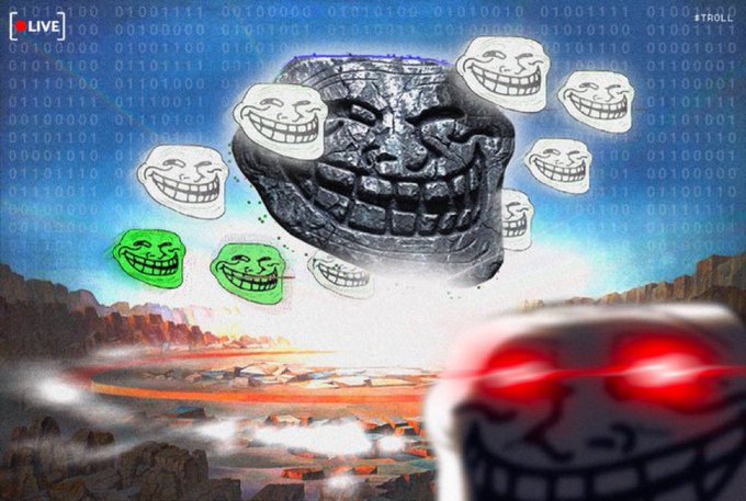 A surreal trollface meme composition featuring multiple grinning troll faces, binary code, and a glowing red-eyed troll face against a rocky landscape with 'LIVE' and 'TROLL' tags.