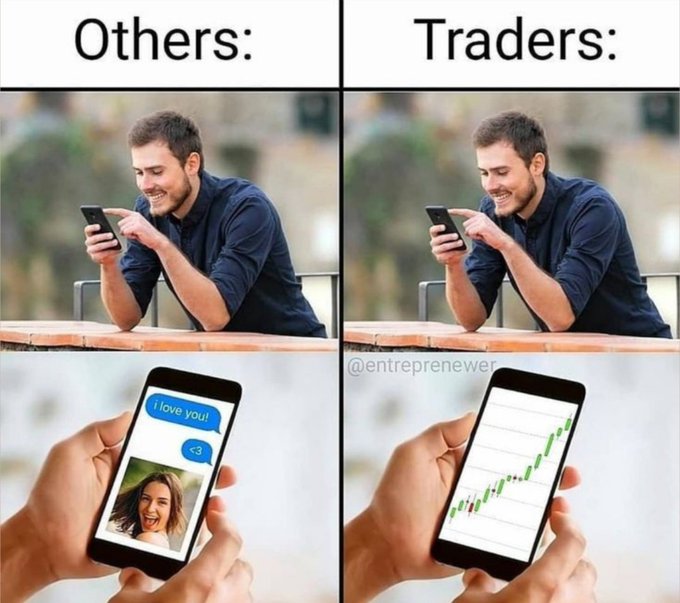 The image is a two-panel meme comparing "Others" and "Traders." In the "Others" panel, a man smiles while texting his partner "I love you!" with a heart emoji, while the "Traders" panel shows the same man smiling at a phone displaying an upward-trending green stock chart, highlighting how traders find greater joy in market gains than in romantic messages—aligning with the post's comment "Soo true."