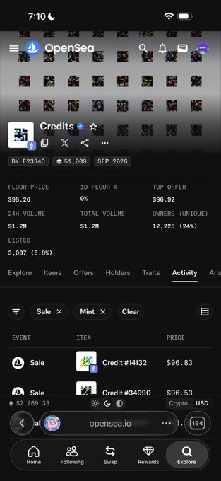 An OpenSea NFT marketplace screenshot for a collection called 'Credits' showing a floor price of $98.26, ID floor of 0%, and top offer of $96.92, with recent sales activity listed.