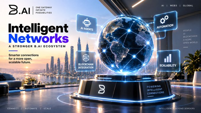 A promotional banner for B.AI 'Intelligent Networks' - A Stronger B.AI Ecosystem, featuring a glowing holographic globe with features including AI Agents, Automation, Blockchain Integration, and Scalability, set against a modern office interior backdrop.