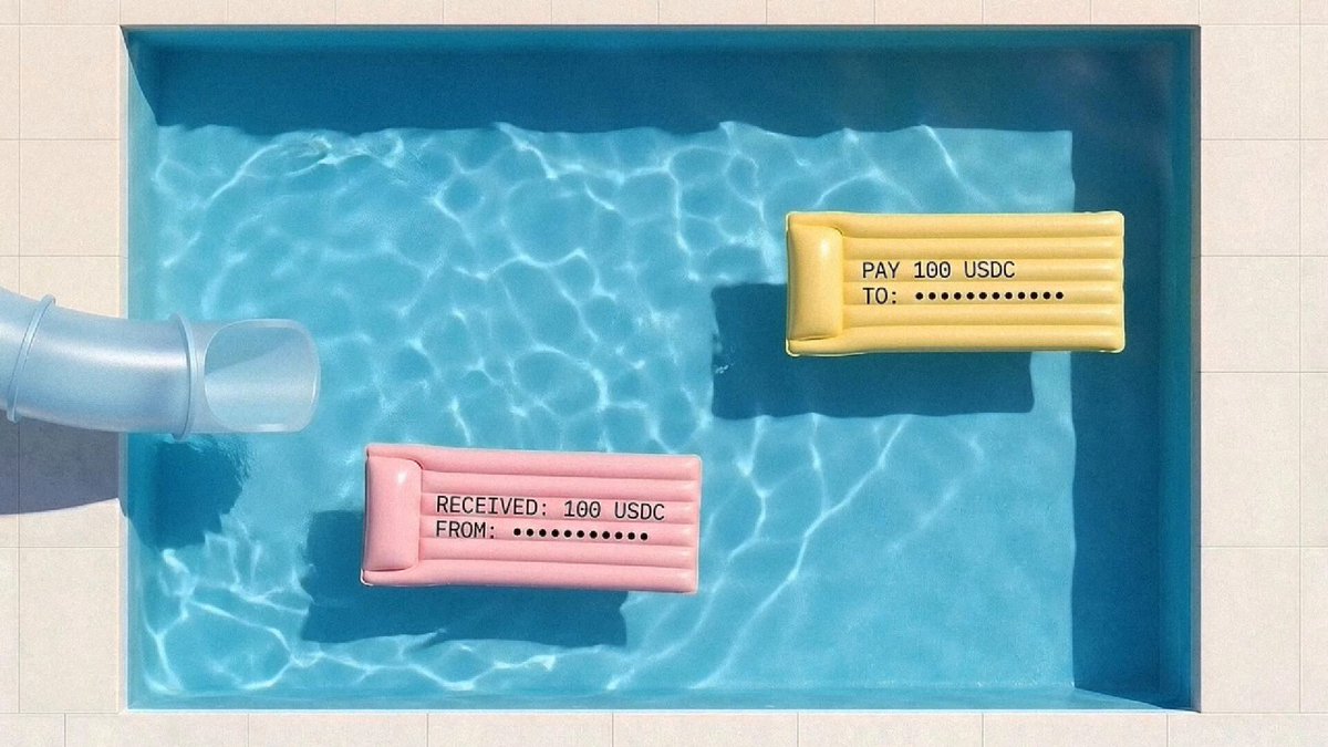 The image shows two inflatable pool floats floating in a swimming pool with blue water. The text "v2" is visible, which could be related to a new version of an online platform or payment system. The image also includes a link that reads "Focus on what is in the image and how it relates to the post". This might be a reference to the current situation where people are paying for things through this new platform instead of using traditional methods like credit cards or cash.