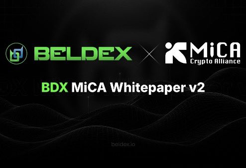 A dark-themed announcement graphic for 'BDX MiCA Whitepaper v2' featuring the logos for BELDEX and MiCA Crypto Alliance.