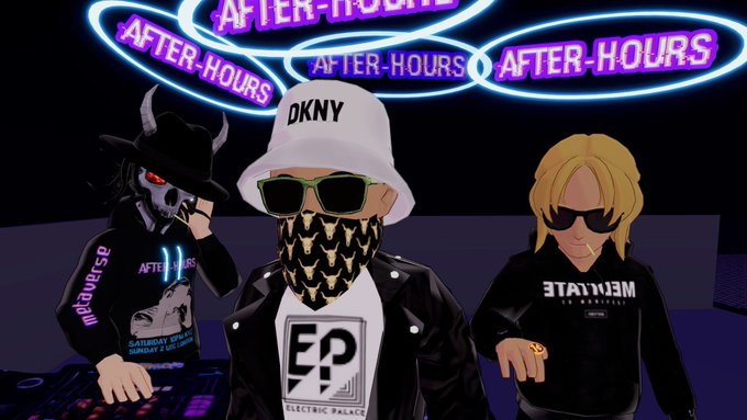 Three virtual avatars in a club setting, with one wearing a white 'DKNY' bucket hat and 'Electric Palace' shirt, standing in front of a neon 'AFTER-HOURS' sign.