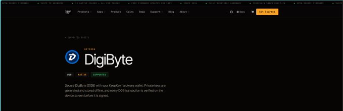 The image shows a webpage from KeepKey's supported assets page featuring DigiByte ($DGB), describing it as a secure blockchain wallet with private keys generated and stored offline, with every transaction verified on its public screen before signing. This relates to the post as it confirms that DigiByte ($DGB) is officially listed as a supported asset on the KeepKey hardware wallet.