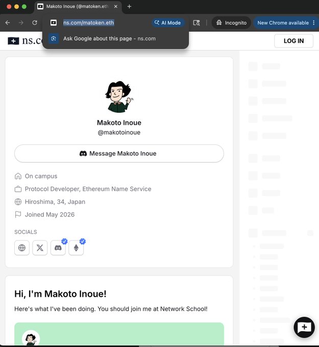 The image shows a screenshot of a computer screen displaying a social media profile page for someone named Makoto Inoue. The profile page has a green header, white text, and a black body with a picture of Makoto Inoue's face. The post on the page is titled "@ns just added @ensdomains !" and it seems to be related to the social media account.