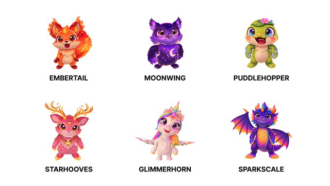 The image displays six colorful fantasy critters labeled "Embertail," "Moonwing," "Puddlehopper," "Starhooves," "Glimmerhorn," and "Sparkscale," each featuring unique designs like a fiery fox, a starry purple creature, a turtle with a flower, a sparkly deer, a unicorn-like being, and a dragon. The post humorously invites viewers to pick their "spirit animal" from the lineup while playfully noting that everyone can't choose the popular Embertail.