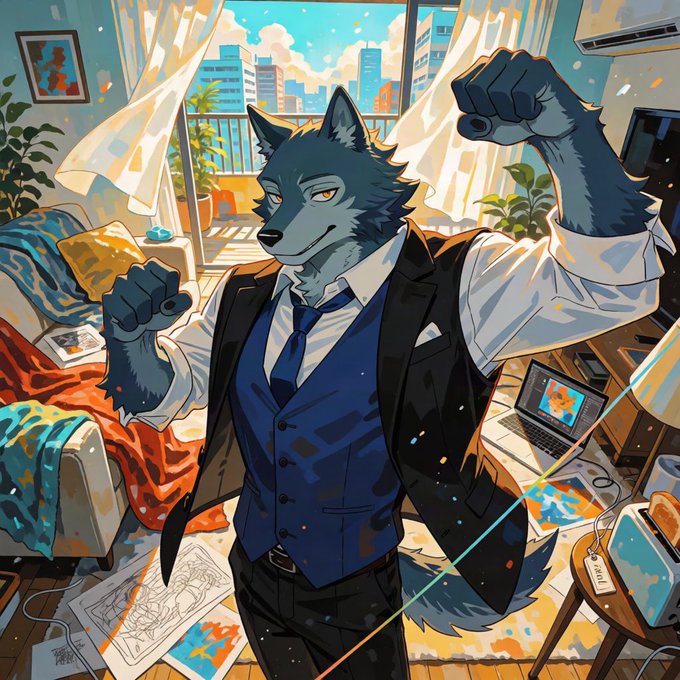 An anime-style illustration features an anthropomorphic wolf wearing a blue vest and black suit, flexing its arms in a messy apartment with a city view through the window.