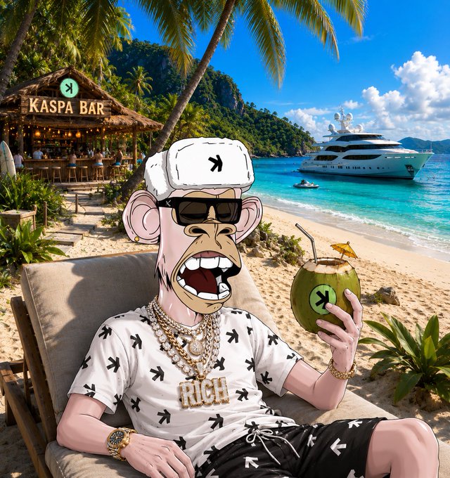 The image features a cartoon monkey sitting on a beach chair, holding a coconut drink with an umbrella above him. There are palm trees visible behind the monkey, suggesting that they are located near a tropical location. The background of the image also includes a boat in the water and a building, which could be a bar or restaurant. The post "Me when $KAS hits $1" is likely related to the content of this image as it seems to be promoting a product or service for $1.

The monkey's position on the beach chair with an umbrella suggests that he is enjoying his time and possibly taking advantage of a special offer, such as a "Me when $KAS hits $1" deal at a nearby establishment. The presence of palm trees and a boat in the background further supports this idea, as it could be a tropical location where such deals are common or even advertised by the bar or restaurant.