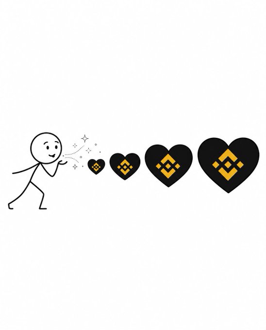 A meme illustration of a stick figure blowing increasingly large hearts containing the Binance (BNB) cryptocurrency logo.