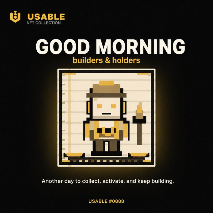 A promotional graphic for the "USABLE NFT COLLECTION" featuring a pixel art character holding a torch with the text "GOOD MORNING builders & holders" and "USABLE #0888".
