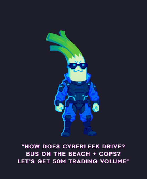 A stylized blue pixel-art leek character wearing sunglasses and futuristic armor stands against a dark background, with the caption reading: "HOW DOES CYBERLEEK DRIVE? BUS ON THE BEACH + COPS? LET'S GET 50M TRADING VOLUME." The armored leek embodies the Cyberleek meme persona being hyped ahead of the GTA 6 trailer drop, with the text reinforcing the post's call for $50 million in $CYBERLEEK trading volume.