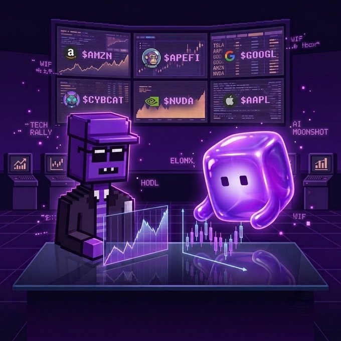 A pixelated purple character and a purple ghost-like figure stand before stock market charts displaying tickers including $AMZN, $APEFI, $GOOGL, $CYBCAT, $NVDA, and $AAPL, with text reading 'TECH RALLY', 'HODL', and 'AI MOONSHOT'.