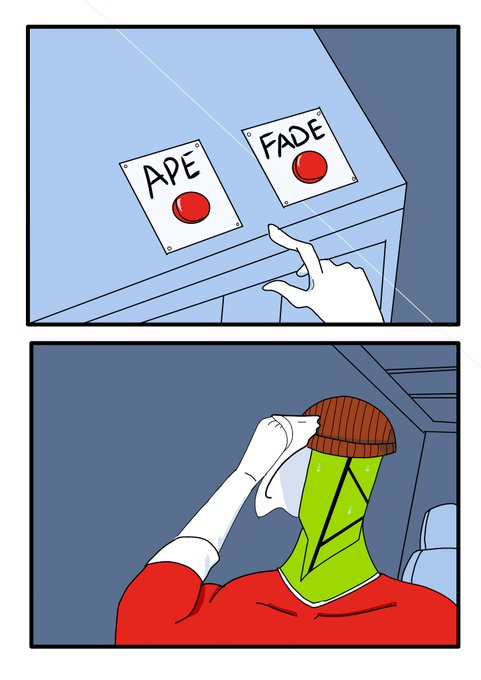 A two-panel comic shows a hand pressing a red button labeled 'FADE' next to an 'APE' button, leading to a panel of a sweating, green-skinned character in a red suit wiping their face.