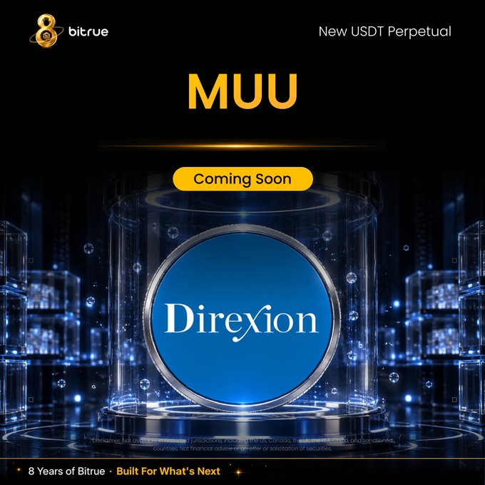 The image is a Bitrue announcement revealing "New USDT Perpetual" listing MUU with a "Coming Soon" badge, featuring a central Direxion logo in a futuristic blue chamber design, and includes the tagline "8 Years of Bitrue • Built For What's Next." This visually promotes the upcoming MUUUSDT perpetual contract tied to the Direxion Daily MU Bull 2X ETF referenced in the post.