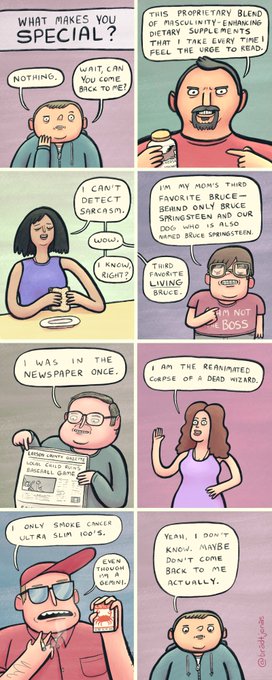 A comic strip titled 'WHAT MAKES YOU SPECIAL?' featuring characters humorously listing oddly specific traits like dietary supplements enhancing masculinity, Bruce Springsteen only drinking Springsteen's brand of Bruce Springsteen-branded Bruce Juice, and being a reincarnated dead wizard.