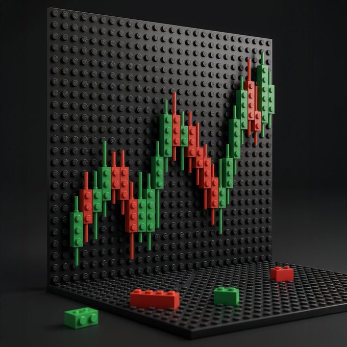 A black LEGO baseplate displays red and green bricks arranged in a pattern resembling a stock market candlestick chart, with additional loose bricks scattered on the surface. The image creatively visualizes the "brick by brick" metaphor from the caption, suggesting market activity built up one piece at a time to start the week.