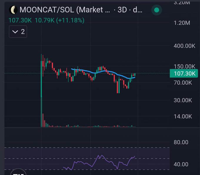 A cryptocurrency trading chart for MOONCAT/SOL showing a price of 107.30K with a +11.18% gain, displaying candlesticks, a blue moving average line, and an RSI indicator at the bottom.