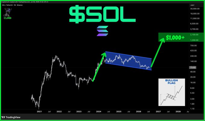 A TradingView chart displays Solana ($SOL) on a logarithmic scale, projecting a bullish flag breakout from a descending channel with a green arrow targeting $1,000+, consistent with the caption's optimistic forecast that SOL will be more bullish.