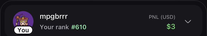 A profile leaderboard entry shows user "mpgbrrr" ranked #610 with a PNL of $3, matching the PumpFun 1 Day ranking mentioned in the post.