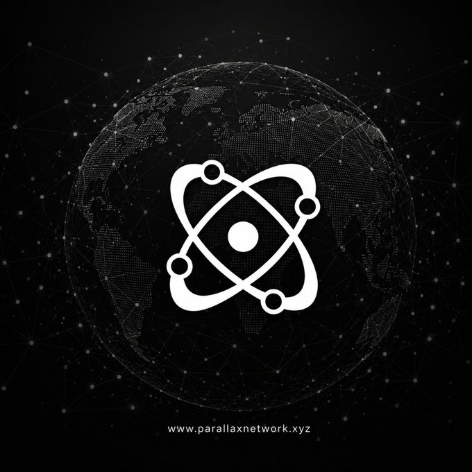 A stylized atomic logo with orbiting electrons sits centered over a wireframe globe made of connected nodes, with the text "www.parallaxnetwork.xyz" at the bottom, symbolizing Parallax's self-built Layer 1 architecture and its globally distributed, node-based "Graph of Trust."