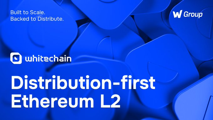 A blue promotional graphic for **Whitechain** featuring the tagline "Built to Scale. Backed to Distribute." alongside the Whitechain logo and **W Group** branding. The headline reads "Distribution-first Ethereum L2," visually supporting the announcement of Whitechain's relaunch as a distribution-focused layer powered by OP Stack with up to $300K ecosystem support.