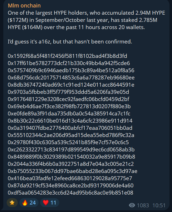 A Discord post by "mlm onchain" reports that one of the largest HYPE holders, who accumulated 2.94M HYPE ($172M) in September/October last year, has staked 2.785M HYPE ($164M) over 11 hours across 20 wallets, accompanied by a list of 20 blockchain wallet addresses (starting with "0x1592f68a5f481..."). The post notes it's guessed to be a 16z wallet but remains unconfirmed.