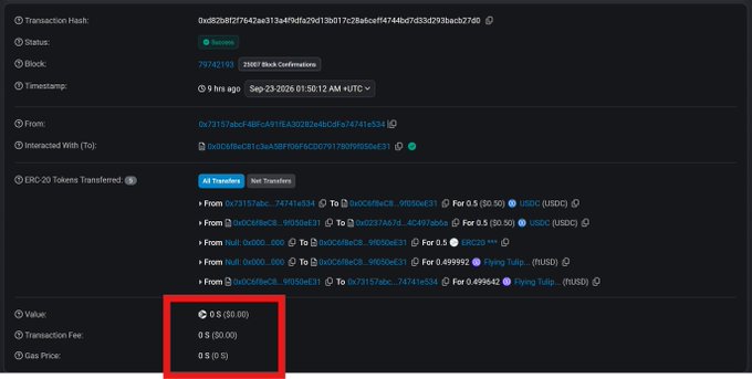 A cryptocurrency transaction confirmation screen shows a successful transfer with various token exchanges (USDC, BRZ, WETH, MUSU, Flying Tulip), highlighting a value of "0 $ ($0.00)" in a red box.
