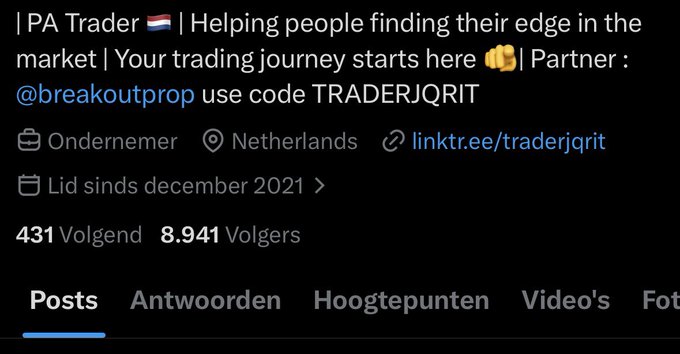The image shows an X (Twitter) profile for "PA Trader 🇳🇱," a trading-focused account based in the Netherlands with 8,941 followers, partnering with @breakoutprop using code TRADERJQRIT. The profile's follower count aligns with the post's goal of reaching 9k followers this weekend.