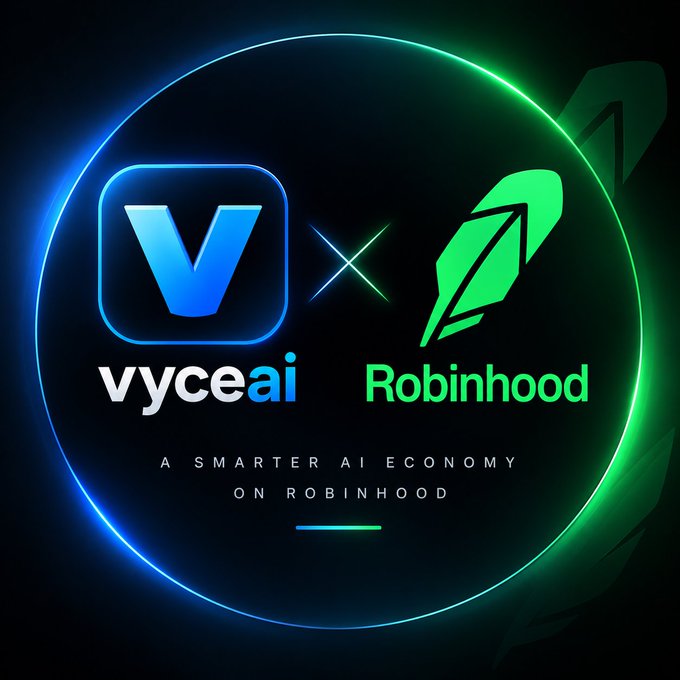 A promotional graphic featuring the logos for 'vyceai' (blue) and 'Robinhood' (green) with a neon circular border, displaying the text 'A SMARTER AI ECONOMY ON ROBINHOOD.'