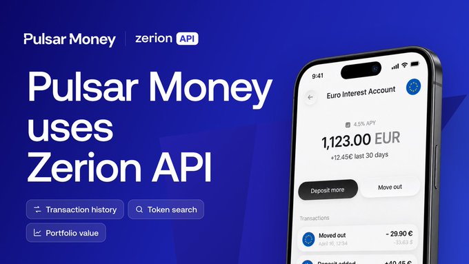 A promotional image for 'Pulsar Money uses Zerion API' with a blue background, showing a mobile phone screen displaying a 'Euro Interest Account' with a balance of '1,123.00 EUR' and an API of '4.5%'.