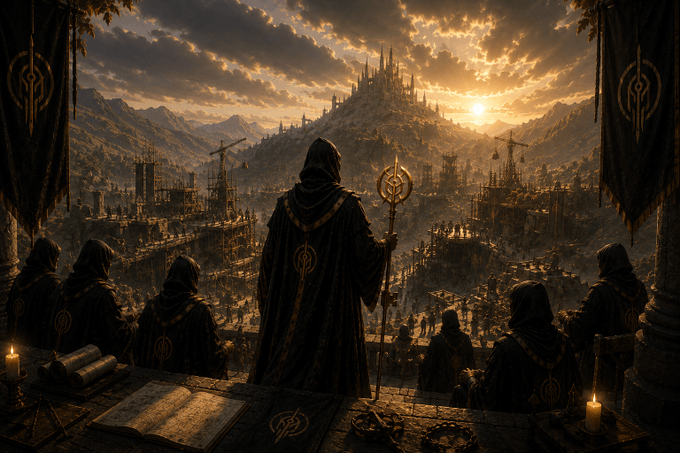 A fantasy scene showing a hooded figure holding an ornate staff, looking out over a sprawling medieval city with construction cranes, accompanied by similarly robed figures under a dramatic sunset sky.