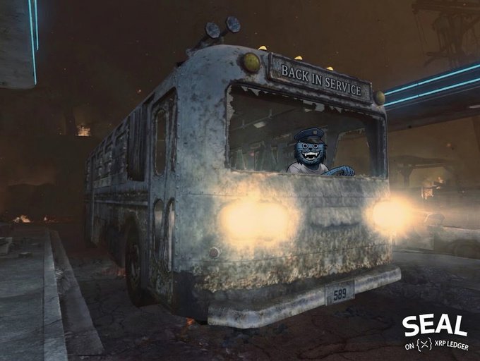 A video game screenshot showing a rusted, weathered bus with headlights on, displaying a 'BACK IN SERVICE' sign, driven by a skeleton-like character in a uniform, with 'SEAL ON XRP LEDGER' text in the corner.