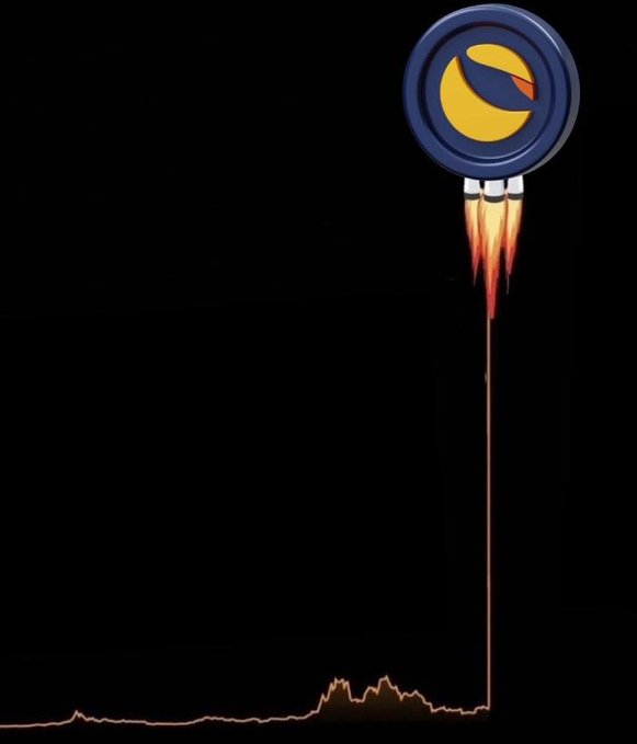 An illustration of a Terra (LUNA) cryptocurrency coin styled as a rocket ship with flames, launching upward from a price chart line against a black background.