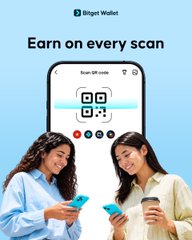A mobile advertisement for 'Bitget Wallet' with the slogan 'Earn on every scan' showing two women using their smartphones in front of a phone displaying a QR scanner.