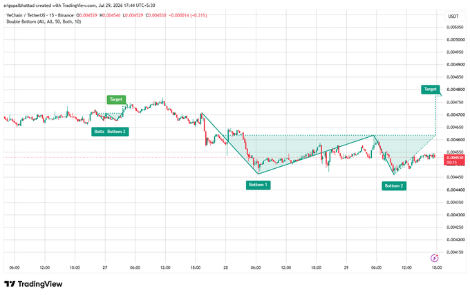 A TradingView chart for VeChain / TetherUS showing a 'Double Bottom' pattern with Bottom 1, Bottom 2, and Target points labeled.