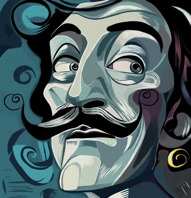A stylized digital illustration of a bearded man with swirling blue and purple tones and a piercing gaze, evoking the surreal and thought-provoking essence of Salvador Dalí. The caption reads: "GM FAM & Quote 3 'Idea' A real artist should be able to extract the most unusual ideas from the most ordinary things" 3\3 10 XTZ. The image visually embodies the quote's message, transforming an ordinary portrait into a surreal masterpiece filled with imaginative, dreamlike elements.