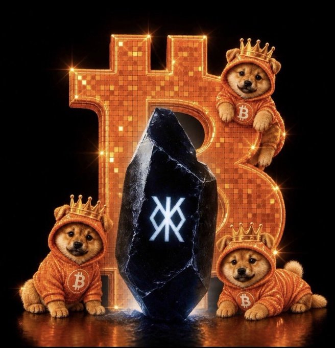 A digital art piece featuring three small dogs wearing orange Bitcoin hoodies and gold crowns surrounding a dark monolith displaying a cryptocurrency symbol, with a large glowing orange Bitcoin logo behind them.