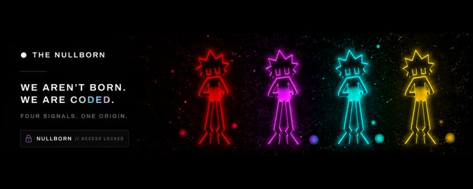 Promotional graphic for "THE NULLBORN" NFT collection with tagline "WE AREN'T BORN. WE ARE CODED." and "FOUR SIGNALS, ONE ORIGIN." displayed alongside four neon-lit character outlines in red, magenta, cyan, and yellow.