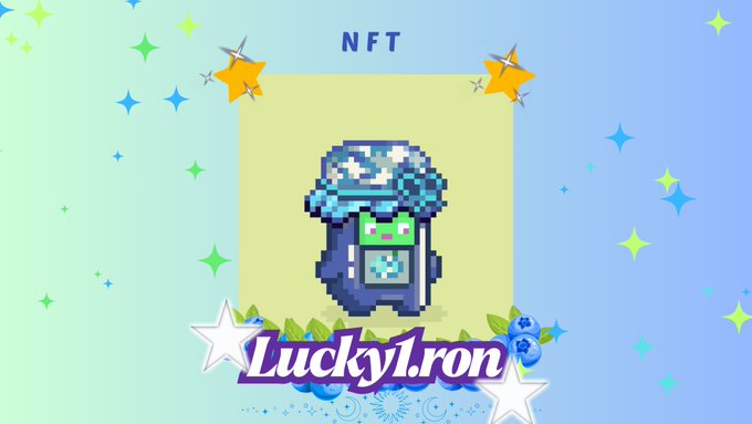 A digital NFT artwork featuring a pixel art character with a blue mushroom-like cap on a green screen, labeled "NFT" at the top and "Lucky1.ron" at the bottom against a starry gradient background.