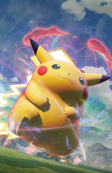 A vibrant digital artwork of Pikachu mid-jump against a sky background, surrounded by glowing colorful energy auras and lightning effects.