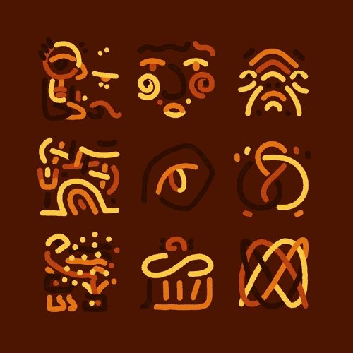 A 3x3 grid of abstract orange and brown squiggly designs on a dark brown background.