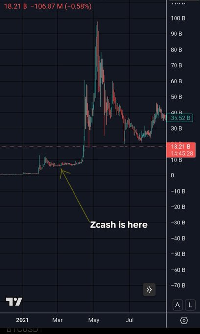 A Bitcoin price chart spanning 2021 showing a major peak around $90B and a current value of 18.21B, with an annotation pointing to an earlier point labeled 'Zcash is here'.