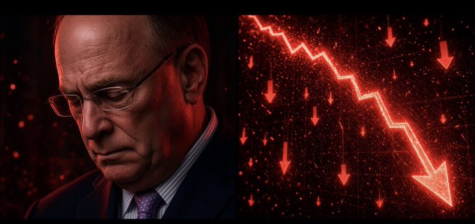 Split image showing a somber older man in glasses on the left beside a red financial chart displaying a sharply declining line and downward arrows on the right.
