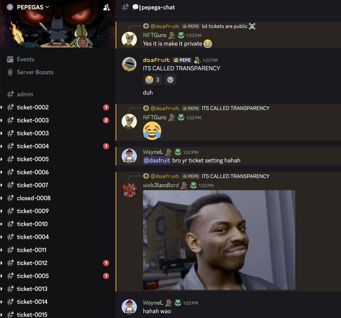 A screenshot of the #pepega-chat channel in the PEPEGAS Discord server shows users like dasFruit, NFTGuro, and WayneL discussing ticket transparency, with dasFruit emphasizing "ITS CALLED TRANSPARENCY" regarding ticket settings that are publicly viewable, aligning with the post's claim that collaboration requests in the @pepegas_nft discord are openly visible to all members.