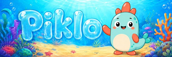 A vibrant underwater-themed banner features the text "Piklo" in bubble-style lettering alongside a cute, friendly cartoon sea creature, set against a colorful coral reef backdrop—serving as the official banner image for the Solana token $Piklo on Moby.
