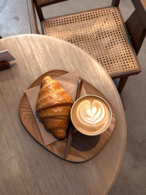 A flaky, golden croissant and a beautifully crafted latte with heart-shaped latte art sit on a wooden tray atop a round table, with a woven cane chair visible in the background—a perfect morning scene to match the uplifting "Friyay" vibes of chasing dreams and shaping tomorrow.